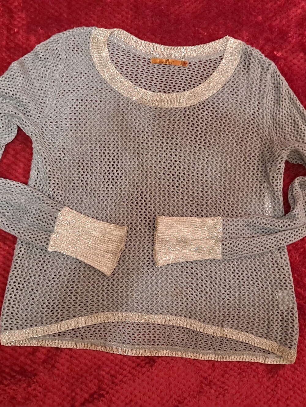 Belldini Light Gray Open-Weave Sweater with Metallic Trim Sz M